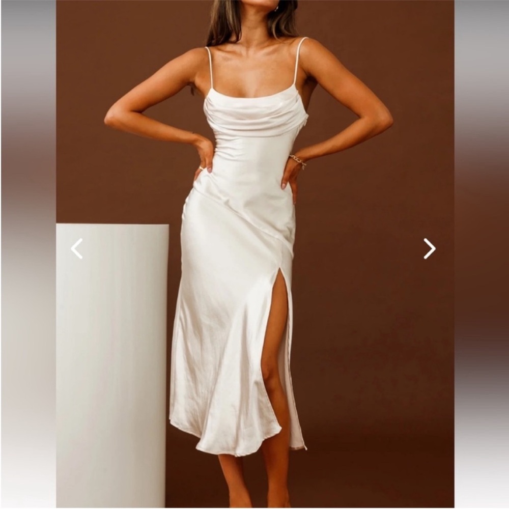Selfie Leslie Cream Satin Midi Dress with Cowl Neck and Side Slit